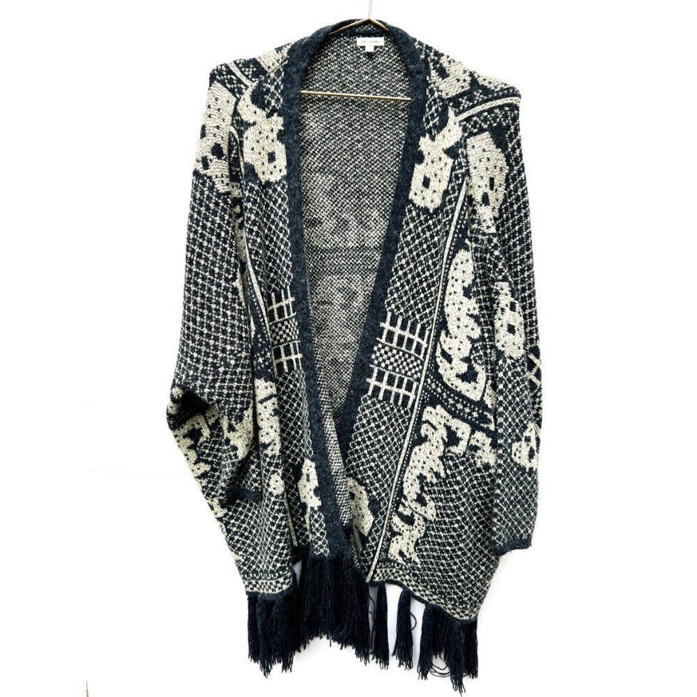 En  Ceme Blue White Print Long Sleeve Knit Tassel Fringe Cardigan Sweater